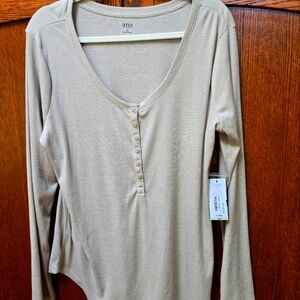 a.n.a. long-sleeve ribbed Henley Top NWT